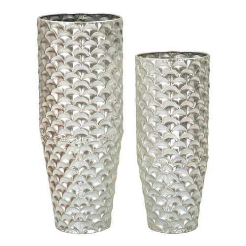 Set De 2 Grands Vases Décoratifs Argentés En Métal Avec Relief Élégant