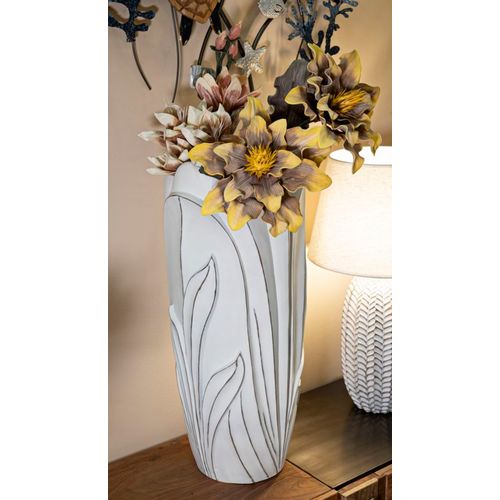 Vase Décoratif Moderne En Céramique Blanche Ø30,5x69 Cm Avec Relief Élégant