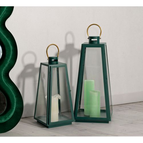 Lot De 2 Lanternes Vertes Et Dorées En Fer Et Verre Ø25x57 Et Ø20x45 Cm