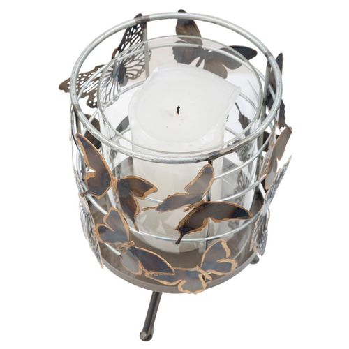 Bougeoir Multicolore En Métal Et Verre 15x23,5 Cm Motif Papillons