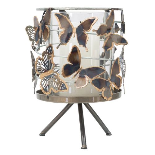 Bougeoir Multicolore En Métal Et Verre 15x23,5 Cm Motif Papillons