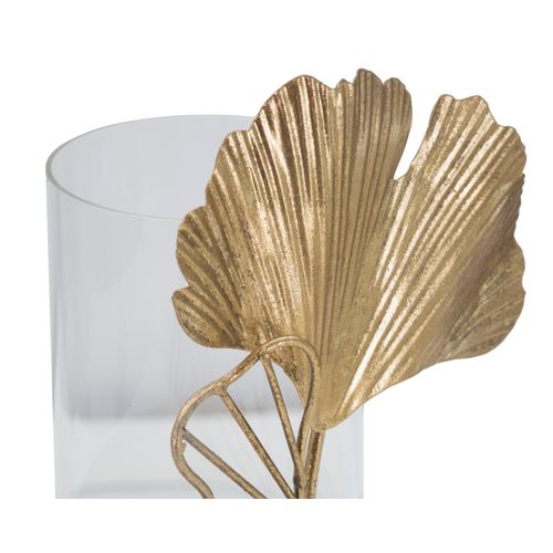 Bougeoir En Métal Doré Et Verre 17x12x21 Cm Motif Feuilles Décoratives