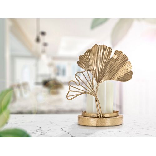 Bougeoir En Métal Doré Et Verre 17x12x21 Cm Motif Feuilles Décoratives