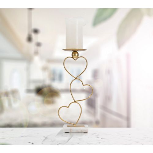 Bougeoir En Métal Doré Et Marbre Blanc Design Cœurs 14,5x10x32,5 Cm