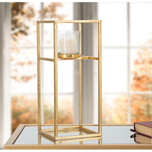 Bougeoir Élégant En Métal Doré Et Verre Carré 15x15x35 Cm