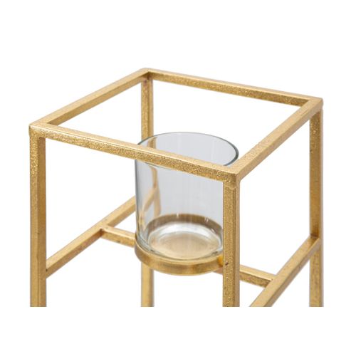 Bougeoir Élégant En Métal Doré Et Verre Carré 15x15x35 Cm