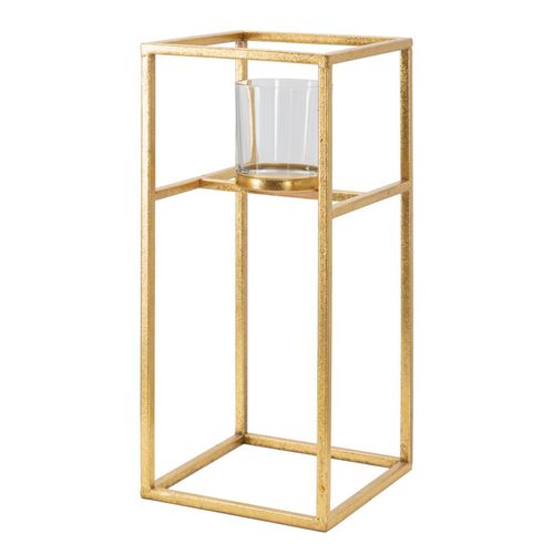 Bougeoir Élégant En Métal Doré Et Verre Carré 15x15x35 Cm