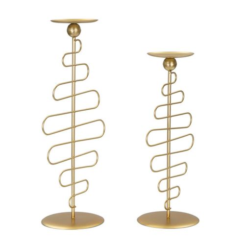 Set De 2 Bougeoirs En Métal Doré Lignes Douces 25x16x51-20x16x43 Cm