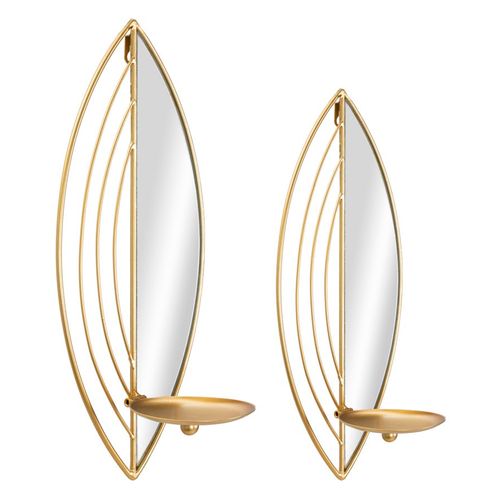 Paire De Bougeoirs Muraux Feuille Dorée 18x13x41-15x13x35 Cm