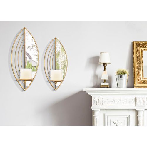 Paire De Bougeoirs Muraux Feuille Dorée 18x13x41-15x13x35 Cm