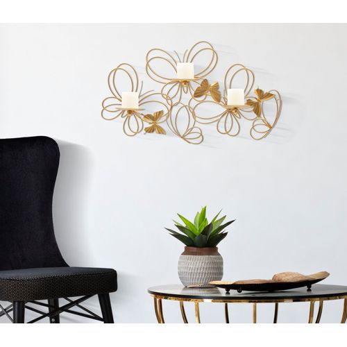 Bougeoir Mural Doré Papillons Volants Pour 3 Bougies 61x12x34 Cm