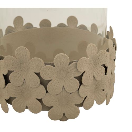 Photophore Moderne En Fer Et Verre Ø12x16 Cm Coloris Crème Avec Base Fleurie