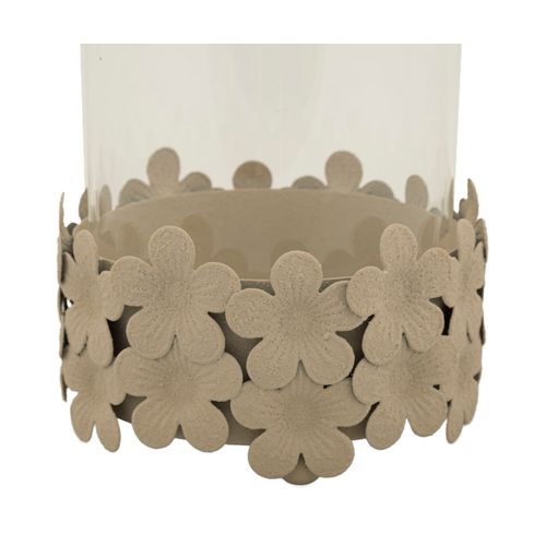 Photophore Moderne En Fer Et Verre Ø12x16 Cm Coloris Crème Avec Base Fleurie