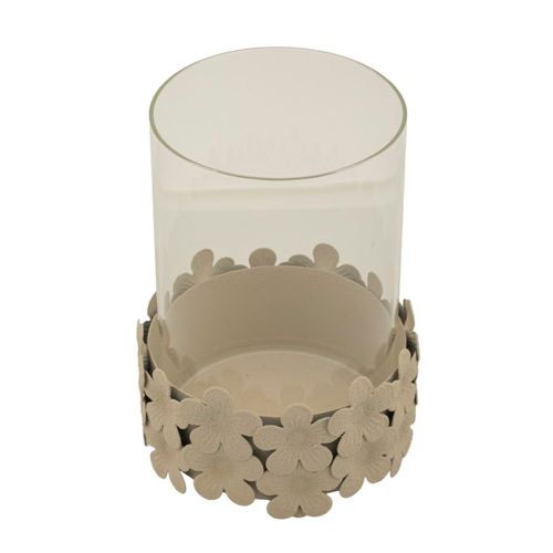 Photophore Moderne En Fer Et Verre Ø12x16 Cm Coloris Crème Avec Base Fleurie