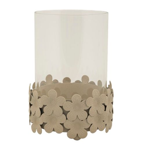 Photophore Moderne En Fer Et Verre Ø12x16 Cm Coloris Crème Avec Base Fleurie