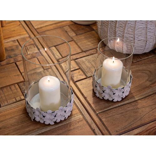 Photophore Moderne En Fer Et Verre Ø12x16 Cm Coloris Crème Avec Base Fleurie