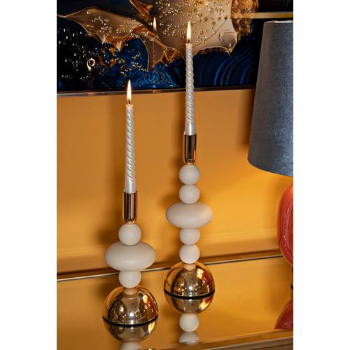 Lot De 2 Bougeoirs Crème Et Doré Design Géométrique Ø10x22-30 Cm