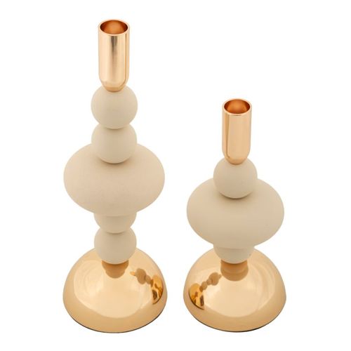 Lot De 2 Bougeoirs Crème Et Doré Design Géométrique Ø10x22-30 Cm