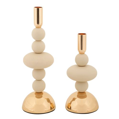 Lot De 2 Bougeoirs Crème Et Doré Design Géométrique Ø10x22-30 Cm