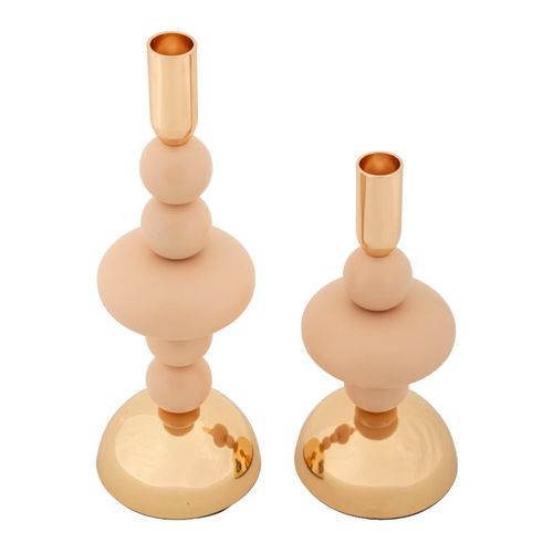 Lot De 2 Bougeoirs Roses Et Dorés Design Contemporain Ø10x22-30 Cm