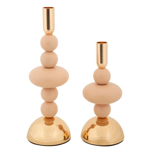 Lot De 2 Bougeoirs Roses Et Dorés Design Contemporain Ø10x22-30 Cm