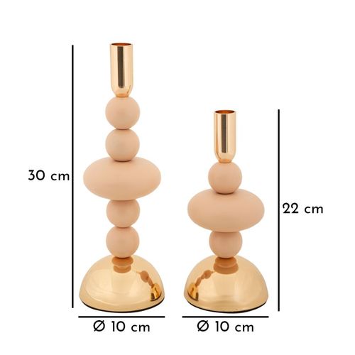 Lot De 2 Bougeoirs Roses Et Dorés Design Contemporain Ø10x22-30 Cm