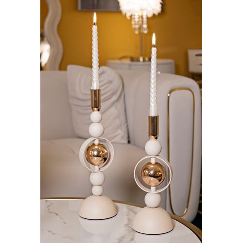 Lot De 2 Bougeoirs Crème Et Dorés Design Géométrique Ø10x27-33 Cm