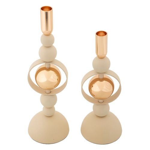 Lot De 2 Bougeoirs Crème Et Dorés Design Géométrique Ø10x27-33 Cm