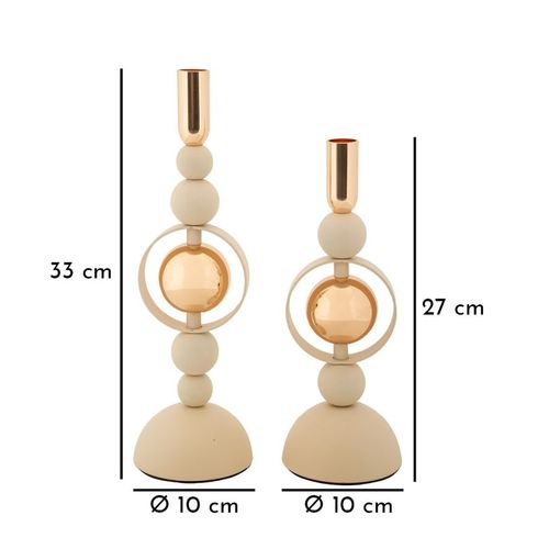 Lot De 2 Bougeoirs Crème Et Dorés Design Géométrique Ø10x27-33 Cm