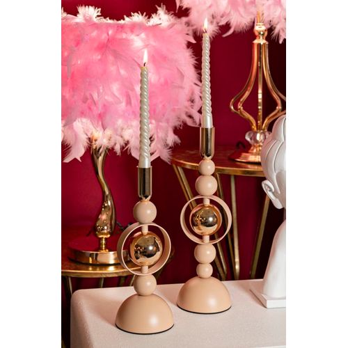 Lot De 2 Bougeoirs Roses Et Dorés Design Géométrique Ø10x27-33 Cm