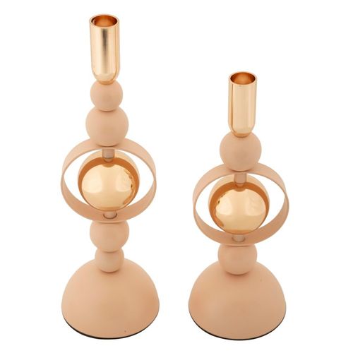 Lot De 2 Bougeoirs Roses Et Dorés Design Géométrique Ø10x27-33 Cm