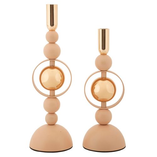 Lot De 2 Bougeoirs Roses Et Dorés Design Géométrique Ø10x27-33 Cm