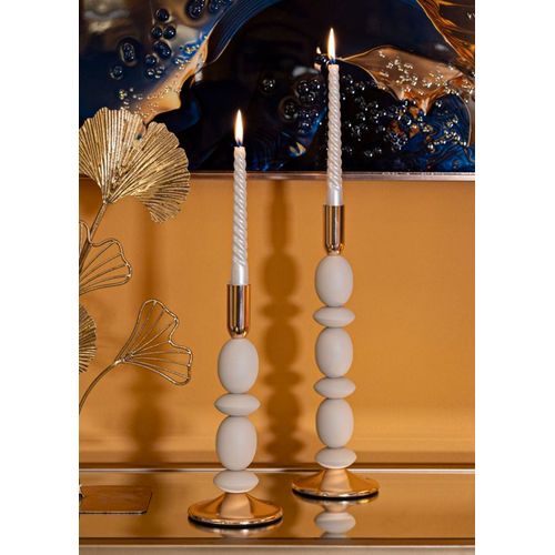 Lot De 2 Bougeoirs Crème Et Doré Design Moderne Ø10x25-33,5 Cm