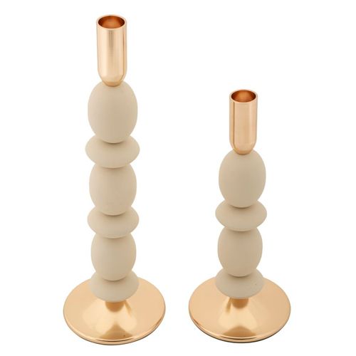 Lot De 2 Bougeoirs Crème Et Doré Design Moderne Ø10x25-33,5 Cm