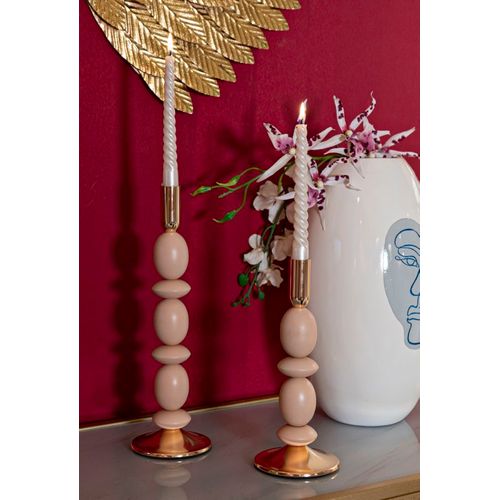 Lot De 2 Bougeoirs Roses Et Dorés Ø10x25-33,5 Cm Design Glamour