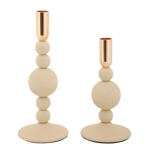 Lot De 2 Bougeoirs Crème Et Dorés Ø10x20-25,5 Cm Design Glamour