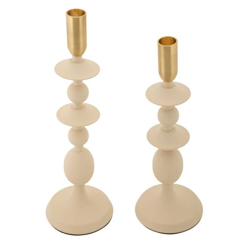 Lot De 2 Bougeoirs Crème Et Dorés Ø10x29-33 Cm Style Glamour