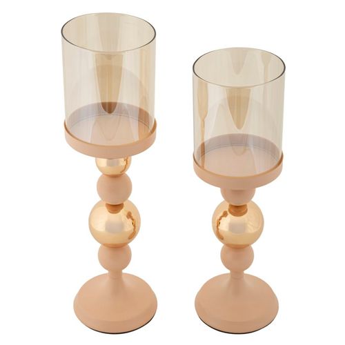 Lot De 2 Bougeoirs Modernes Glassy Rose Et Doré Ø10x32-ø10x36 Cm