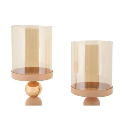 Lot De 2 Bougeoirs Modernes Glassy Rose Et Doré Ø10x32-ø10x36 Cm