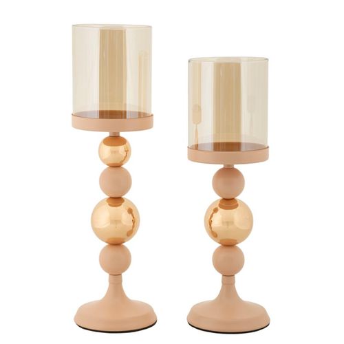 Lot De 2 Bougeoirs Modernes Glassy Rose Et Doré Ø10x32-ø10x36 Cm
