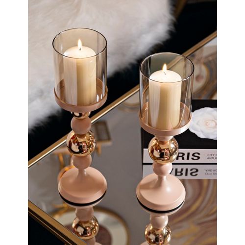 Lot De 2 Bougeoirs Modernes Glassy Rose Et Doré Ø10x32-ø10x36 Cm