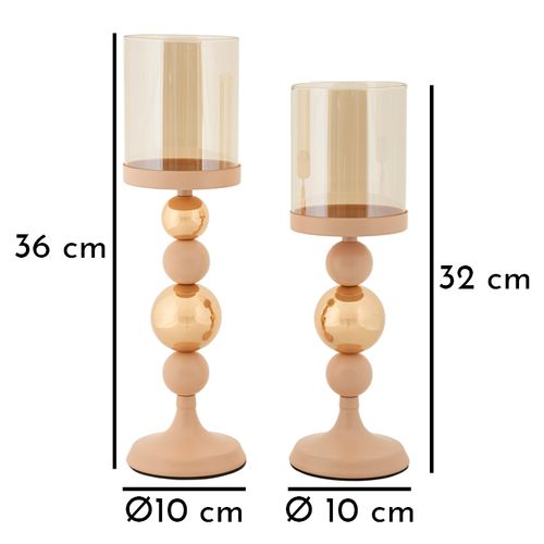 Lot De 2 Bougeoirs Modernes Glassy Rose Et Doré Ø10x32-ø10x36 Cm