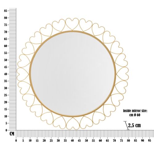 Miroir Mural Rond 80x2,5 Cm Avec Cadre Cœurs Dorés Pour Décoration Élégante