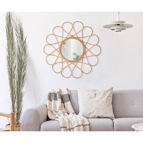 Miroir Mural Rond 65,5 Cm Style Boho Chic Avec Cadre Géométrique Et Rotin