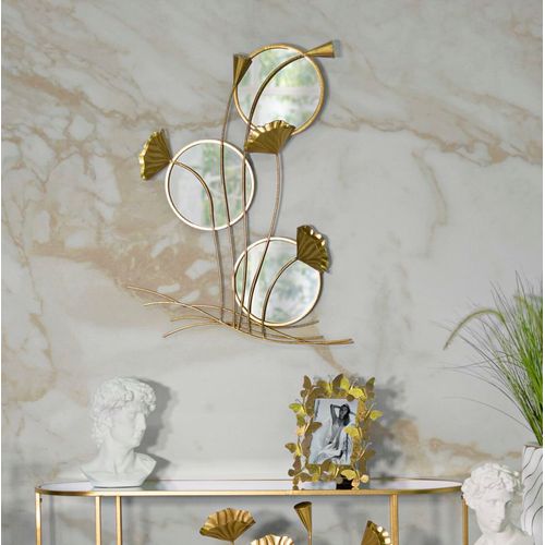 Composition Miroirs Muraux Ronds 65x88 Cm Avec Cadre Doré Et Décor Feuilles