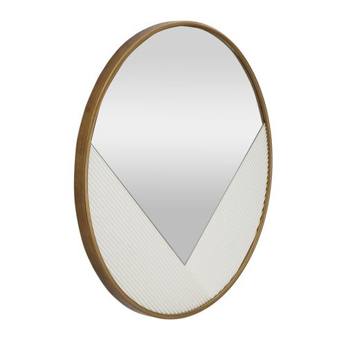 Miroir Rond Mural Ø80 Cm Cadre Métal Doré Et Relief Bois Blanc