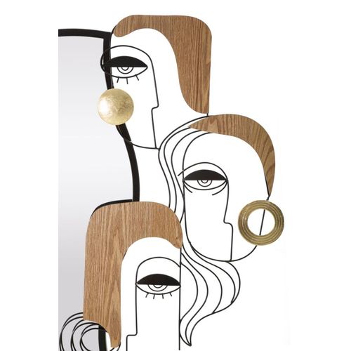Miroir Mural Visages Cubistes 83x80 Cm Métal Et Bois Noir, Brun Et Doré