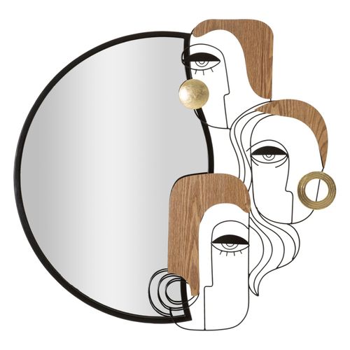 Miroir Mural Visages Cubistes 83x80 Cm Métal Et Bois Noir, Brun Et Doré