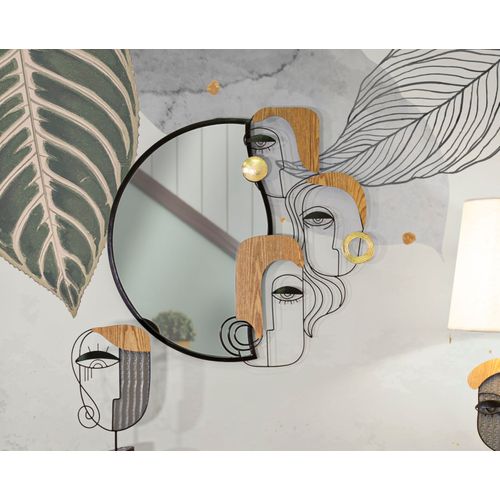 Miroir Mural Visages Cubistes 83x80 Cm Métal Et Bois Noir, Brun Et Doré