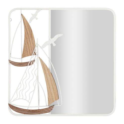 Miroir Mural Carré 60x60 Cm Cadre Blanc Décor Voiliers Bois